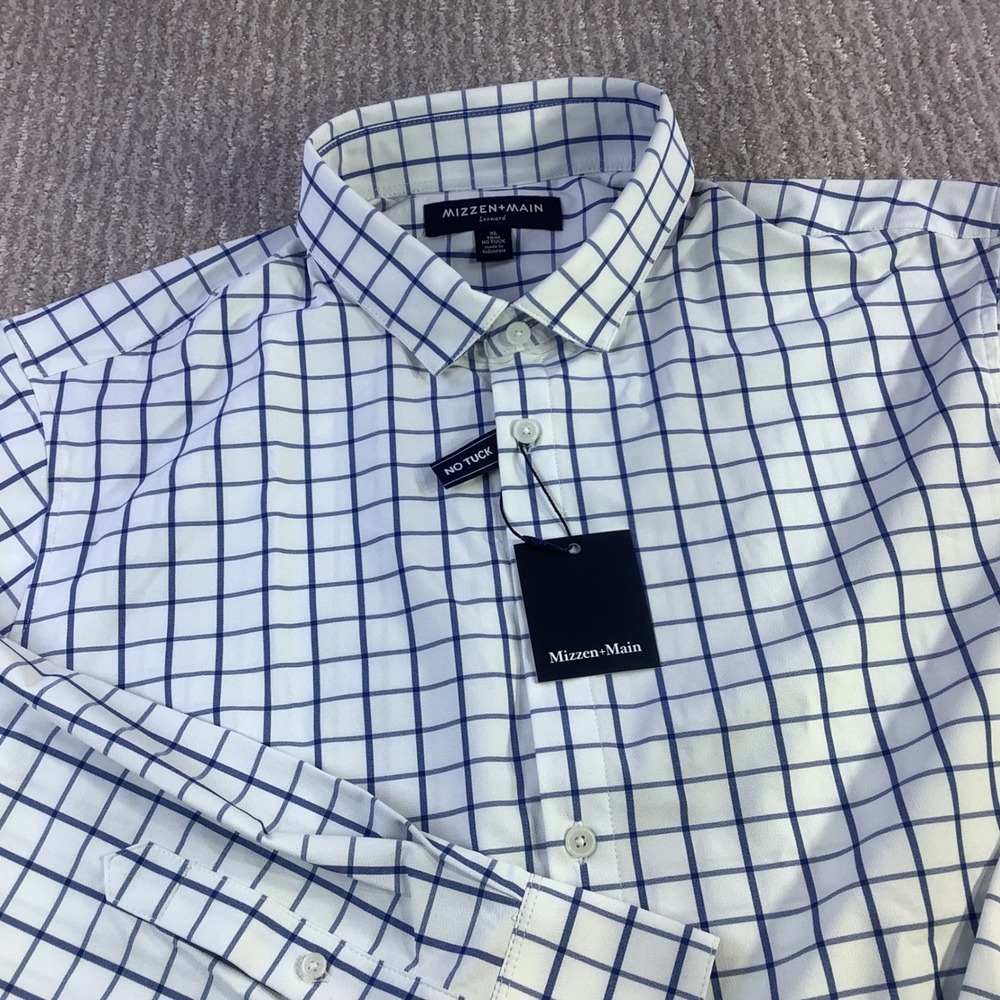 Mizzen + Main Leeward No Tuck Dress Shirt White Navy Windowpane Size XL NWT